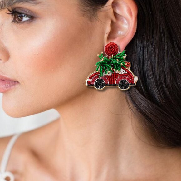 HOLIDAY GIFT BUNDLE - 2 Pairs Christmas Tree Car Ride Earrings - Beaded - NEW - Picture 2 of 5